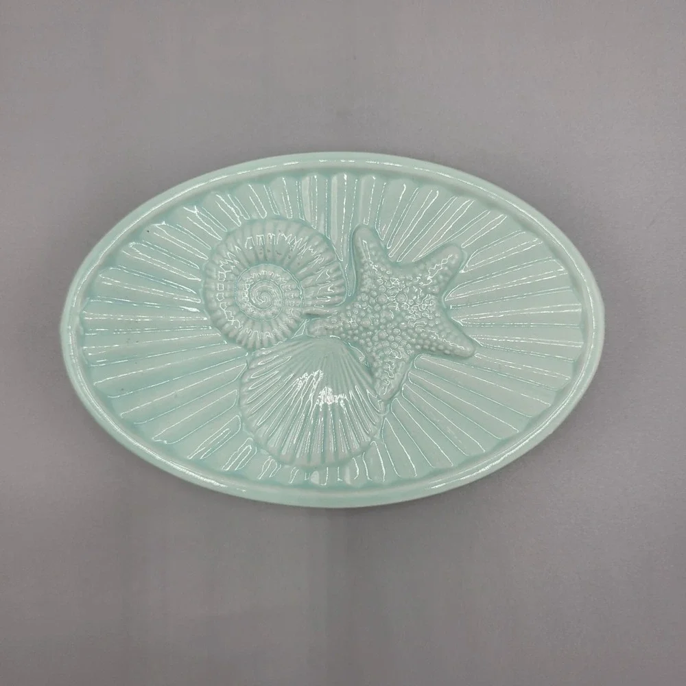 Ceramic Sea-Themed Soap Dish Oval Starfish Seashell Design Seafoam/Aqua